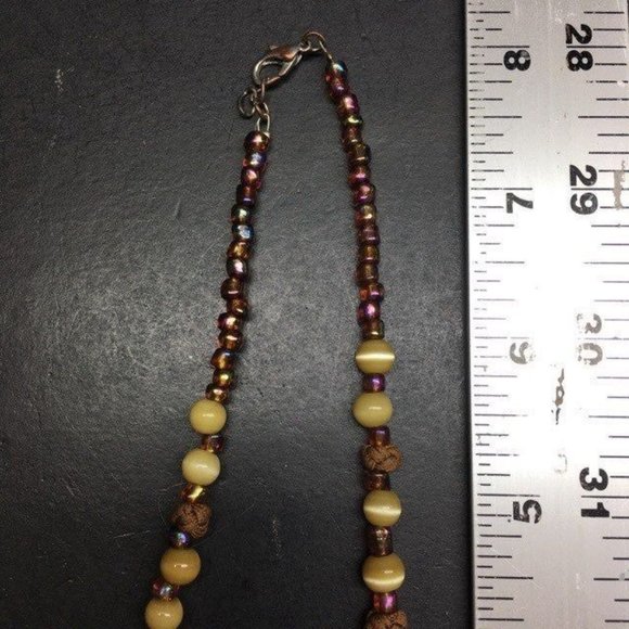 Brown Beige Moonstone Necklace Knotted Cord Seed Bead Gold Retro Boho - Picture 6 of 6